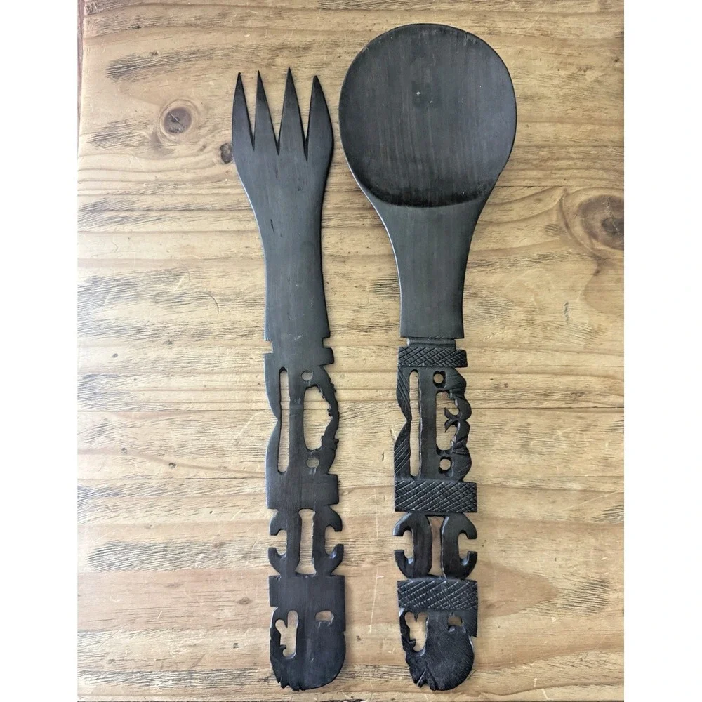Large Vintage Tiki Hand Carved Wood Spoon Fork Set Polynesian Tribal 14